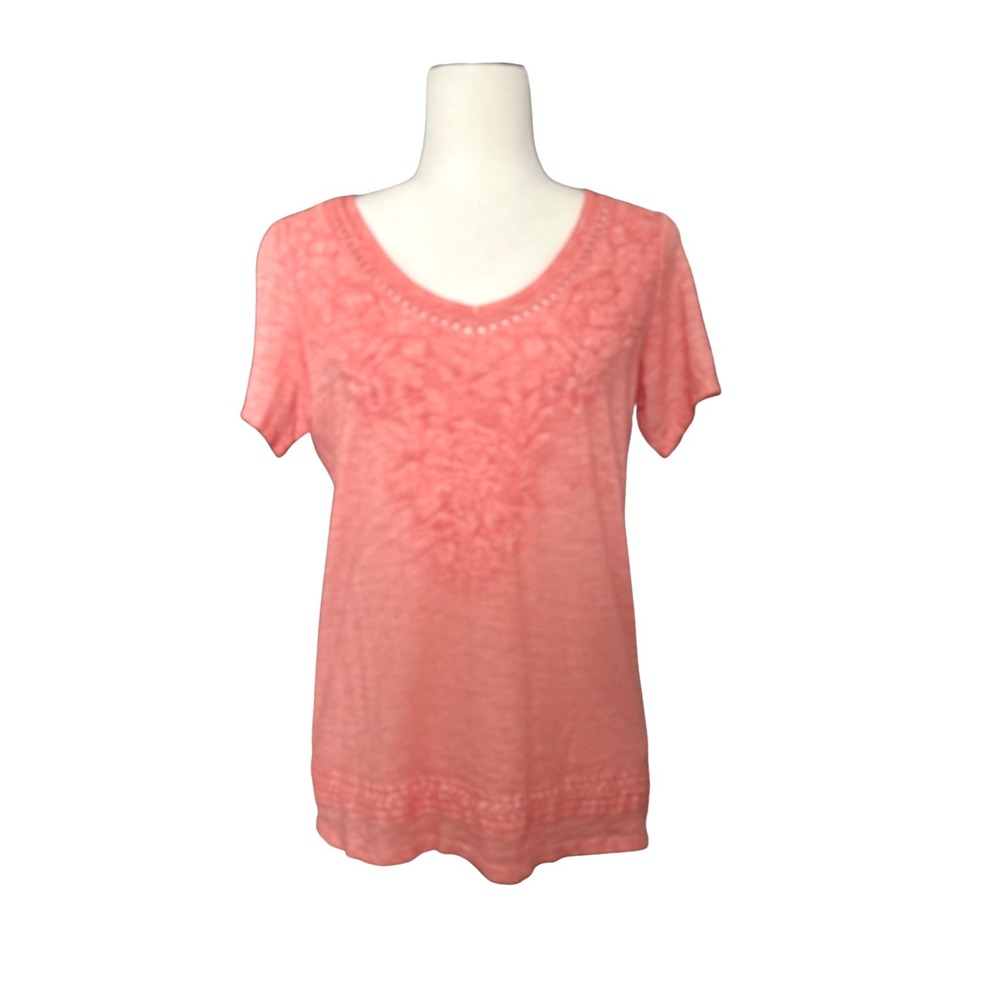 Tribal Jeans Women's Peach Embroidered V-Neck Slub Knit Top Coastal Small‎ NWT